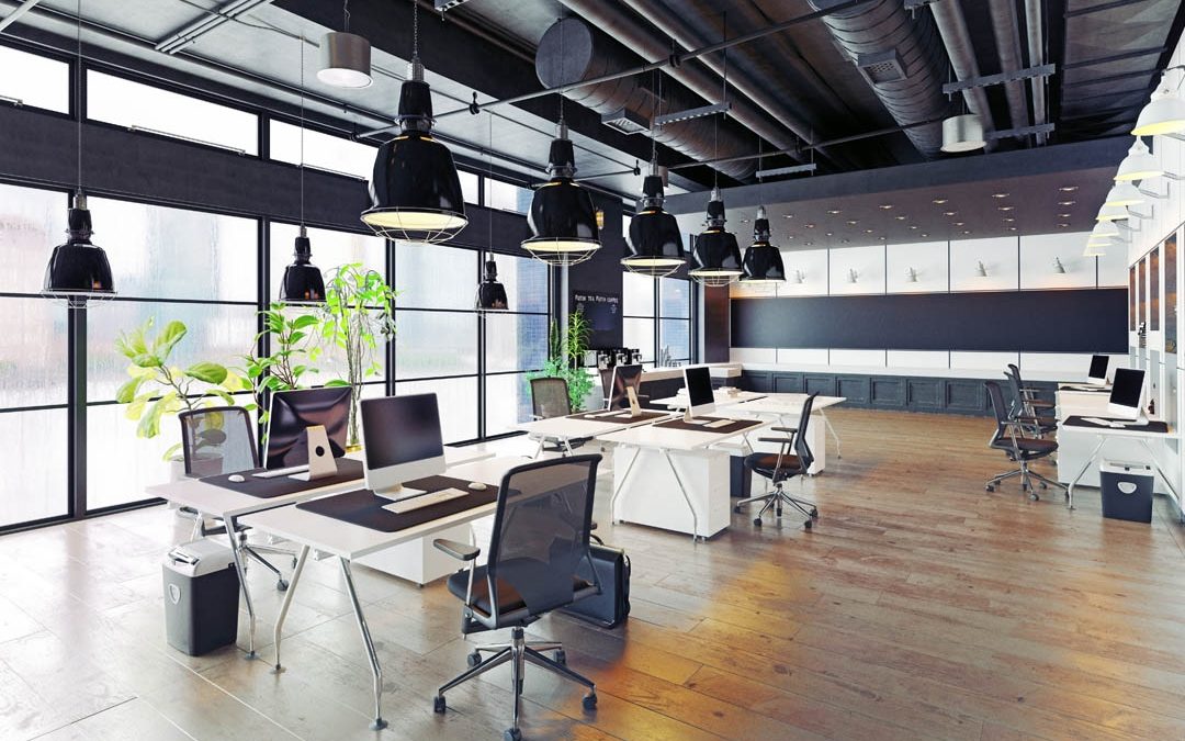 Modern spacious office well lit with wooden floor
